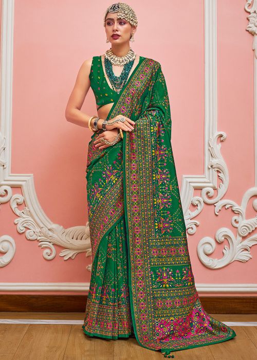 Green Viscose Saree With Woven Accent