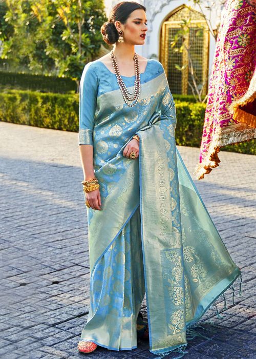 Sky Blue Art Silk Pre-Stitched Saree With Zari Work