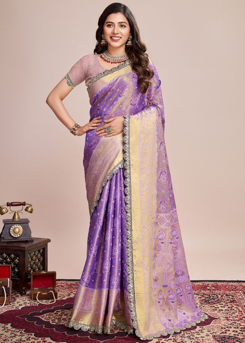 Lavender Art Silk Saree With Dual Tone Zari Pallu