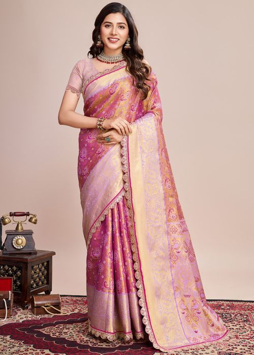 Pink Art Silk Saree With Gold Zari Weave