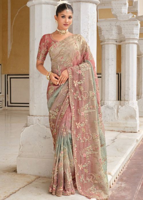 Shaded Peach Silk Saree With Zari Highlights