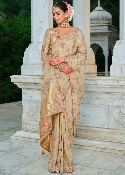 Cream Silk Saree With Floral Embroidery
