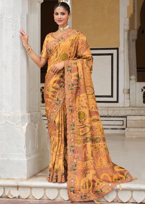 Mustard Yellow Silk Saree With Embroidered Border