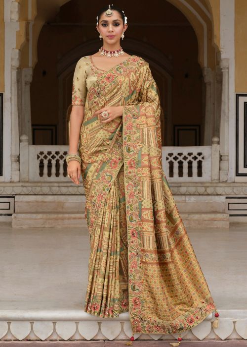 Beige Silk Saree With Traditional Design