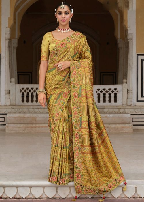 Yellow Silk Saree With Embroidered Motifs