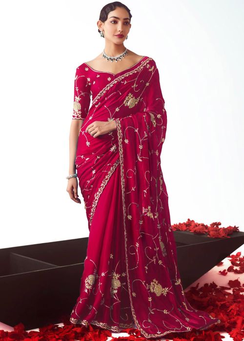 Maroon Silk Saree With Floral Zari Sequins