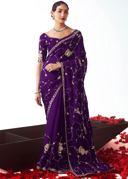 Purple Silk Saree With Ornate Zari Motifs