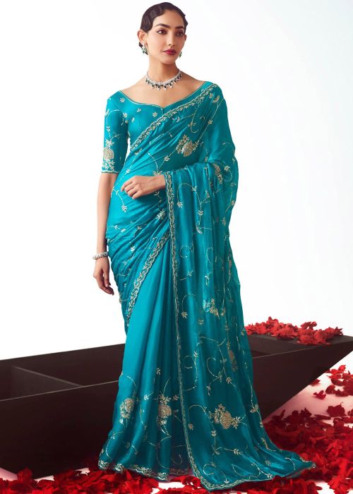 Turquoise Silk Saree With Zari Work