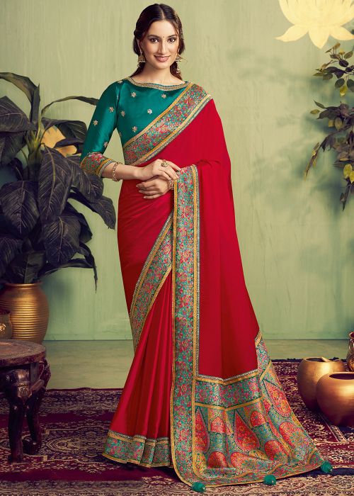 Red Satin Saree With Contrast Woven Border