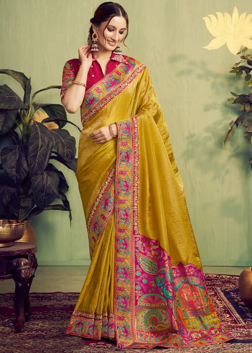 Mustard Yellow Satin Saree With Woven Work