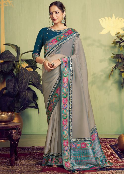 Grey Tissue Saree With Woven Border