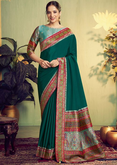 Green Silk Saree With Woven Border