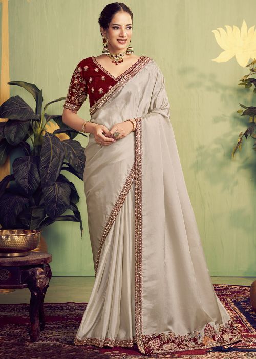 Cream Silk Saree With Embroidered Detailing