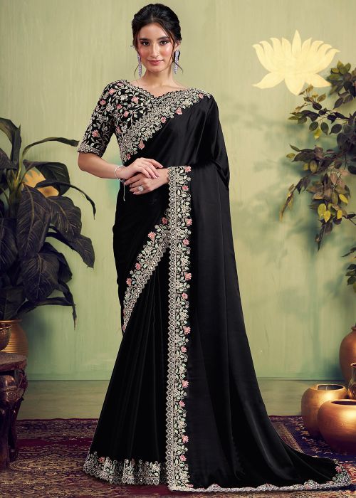 Black Satin Saree With Floral Handwork Border