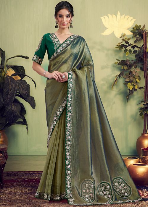Green Tissue Saree With Dori Work Border