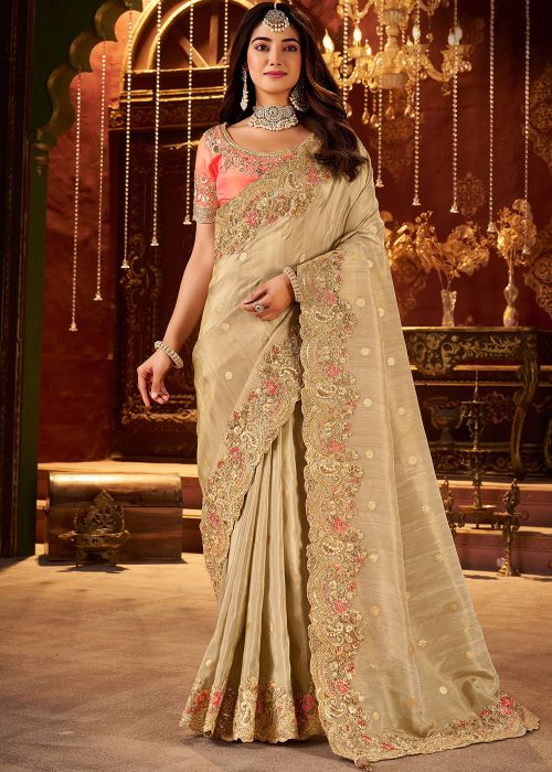 Beige Viscose Saree With Stone Lace Border