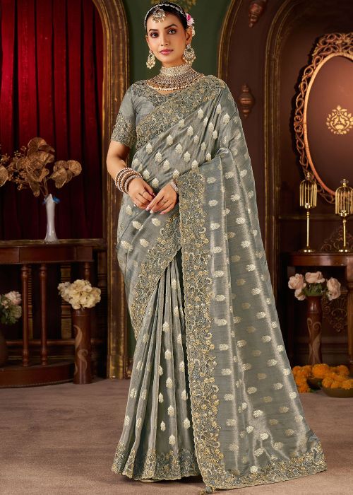 Grey Viscose Saree With Intricate Lace Border