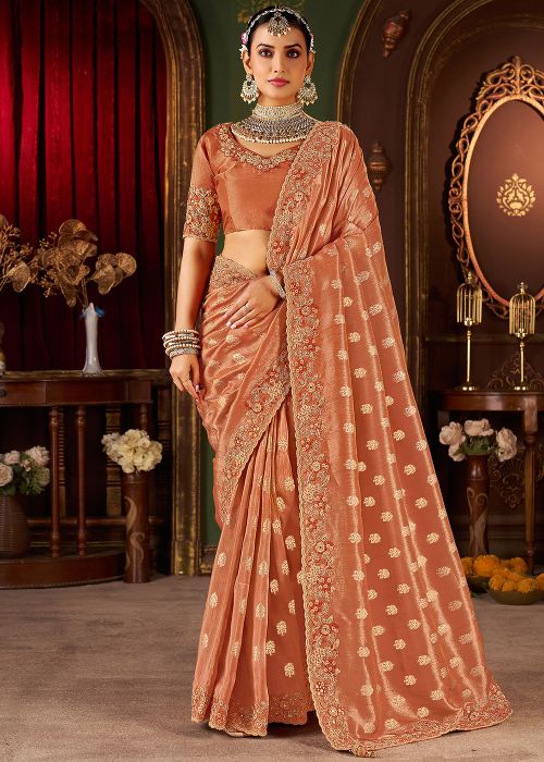 Orange Viscose Saree With Resham Border