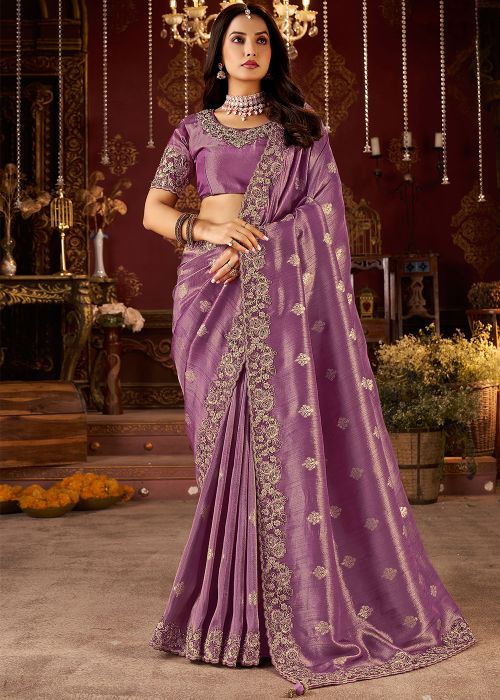 Purple Viscose Saree With Stone Embroidery