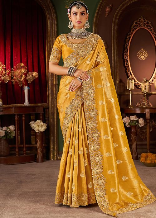Yellow Viscose Saree With Zari Border