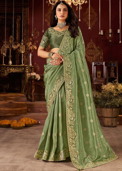Green Viscose Saree With Resham Zari Work