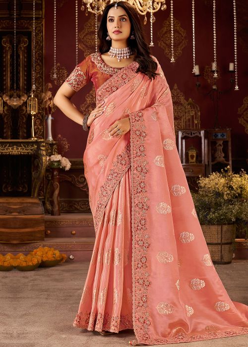Peach Viscose Saree With Lace Border
