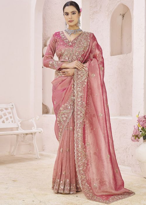 Dusty Pink Tissue Saree With Sequin Work