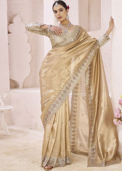 Golden Banarasi Silk Saree With Embellished Border