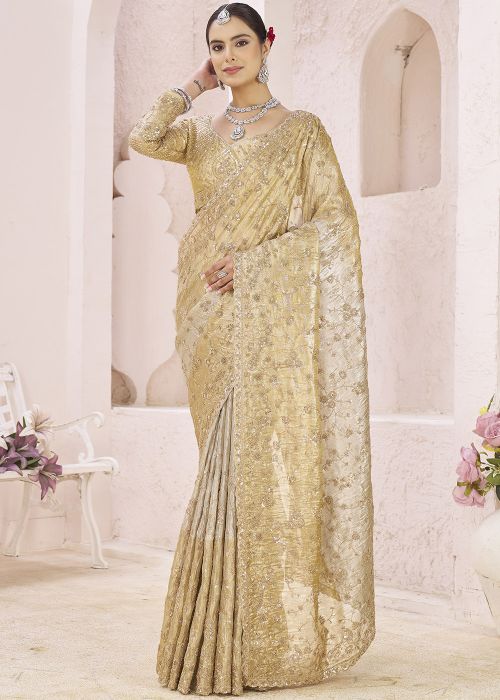 Light Golden Banarasi Silk Saree With Sequins Embroidery
