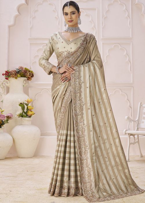 Beige Banarasi Silk Saree With Embroidered Border