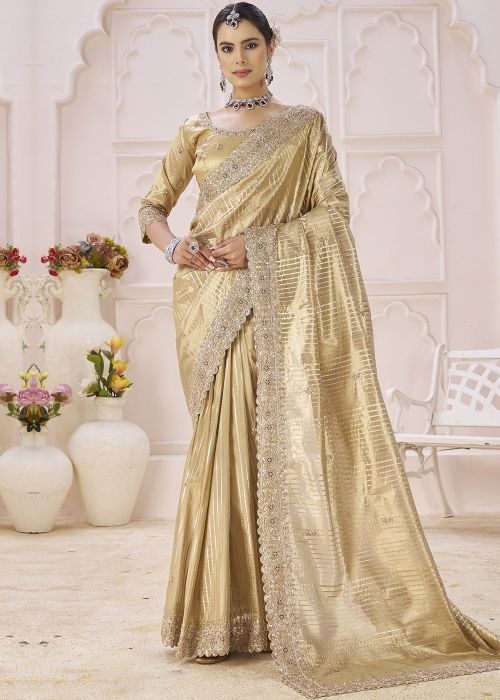 Golden Banarai Silk Saree With Embroidered Pallu