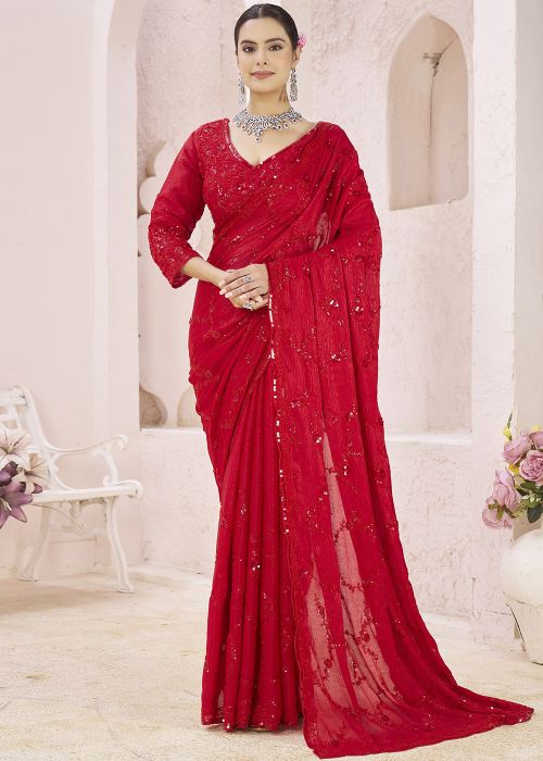 Red Crepe Saree With Sequin Embroidery