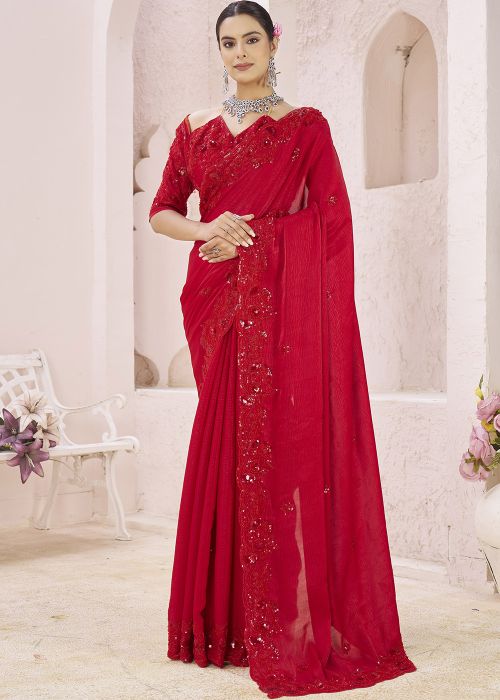 Deep Red Crepe Saree With Beaded Work
