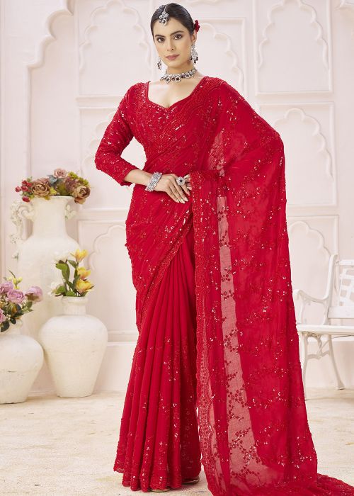Crimson Red Crepe Saree With Heavy Embroidery