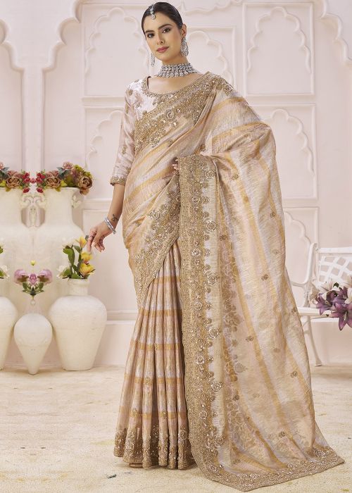 Beige Banarasi Silk Saree With Embroidery Work