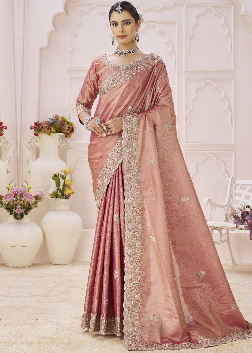Rose Gold Pink Banarasi Silk Saree With Bead Work