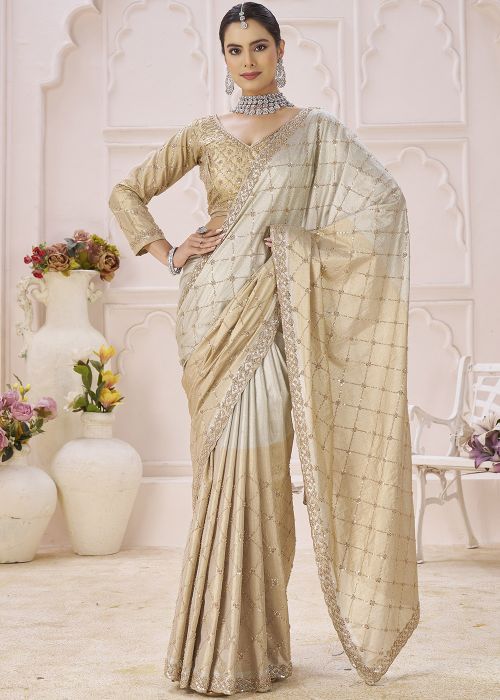 Beige Banarasi Silk Saree With Sequin Border