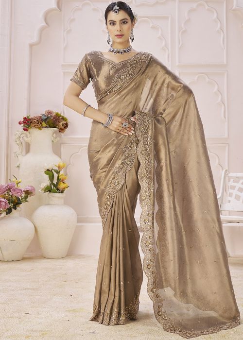 Brown Banarasi Silk Saree With Embroidered Pallu