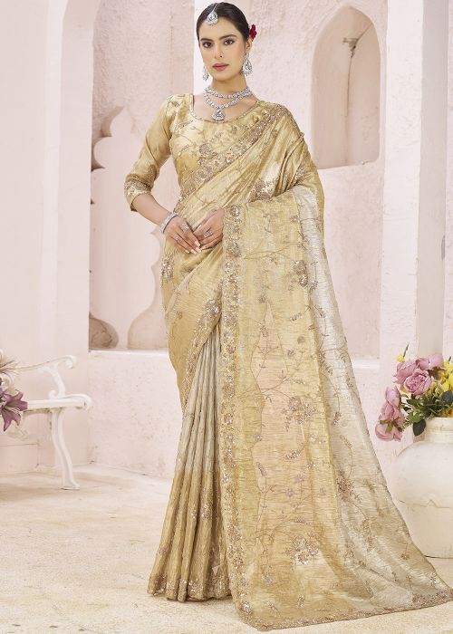 Golden Banarasi Silk Saree With Heavy Embroidery
