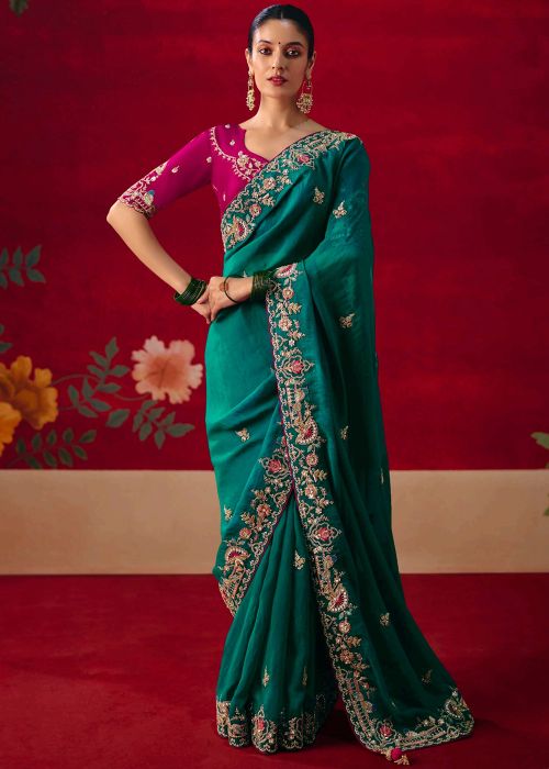 Teal Blue Art Silk Saree With Ornate Border