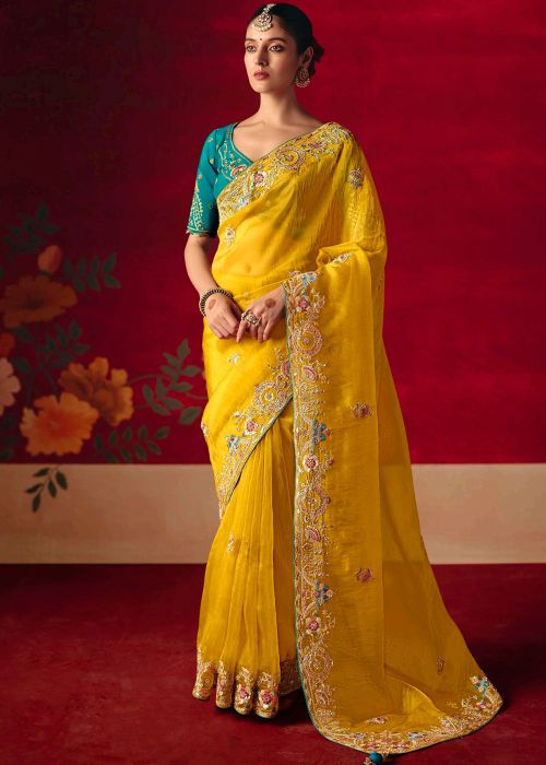 Yellow Art Silk Saree With Embroidered Pallu