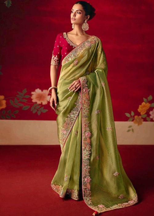 Light Green Art Silk Saree With Zari Work