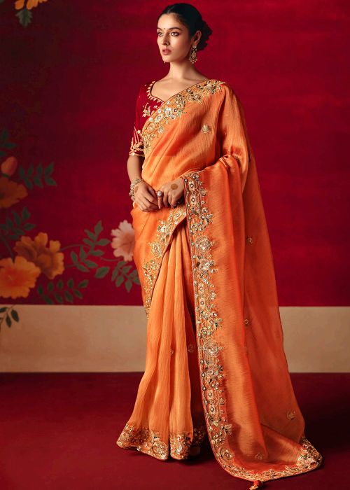 Orange Art Silk Saree With Heavy Border