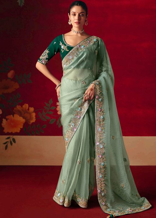 Pastel Green Art Silk Saree With Floral Work