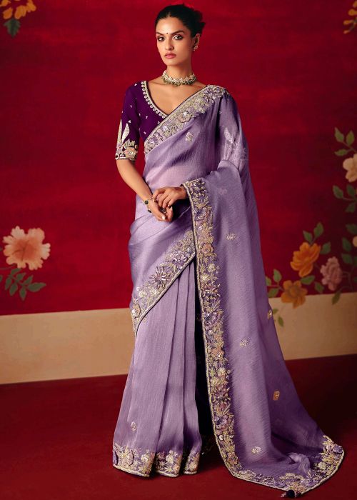 Lavender Art Silk Saree With Embellished Border