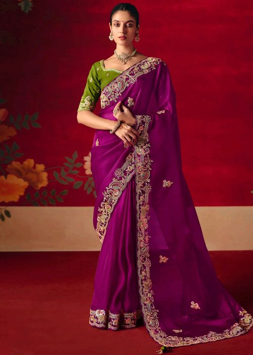 Purple Art Silk Saree With Contrast Blouse