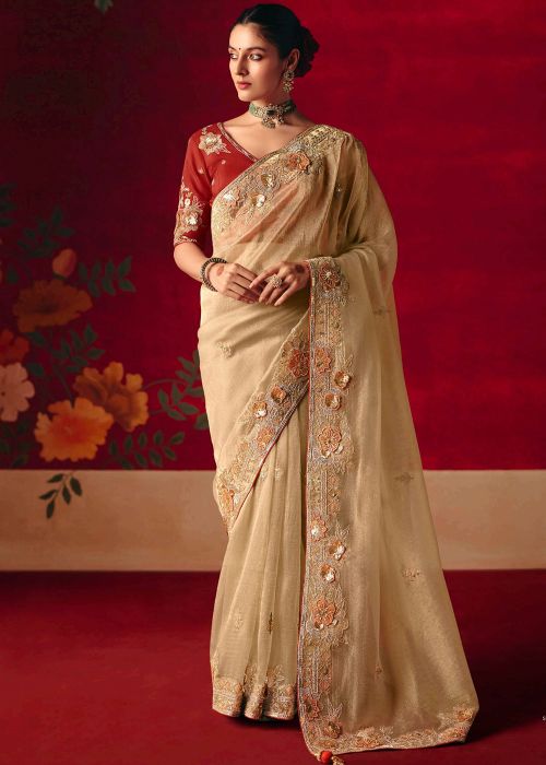 Beige Art Silk Saree With Traditional Motifs