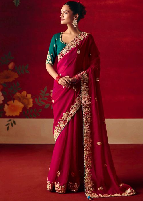 Maroon Art Silk Saree With Rich Embroidery