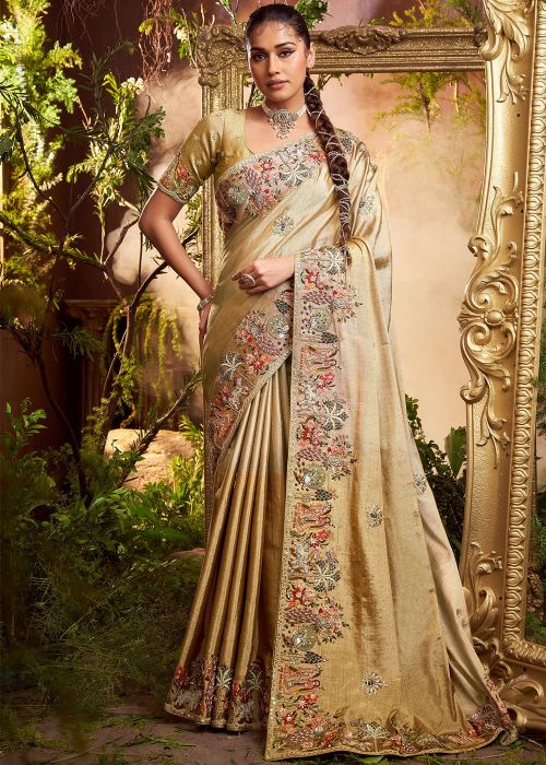 Beige Viscose Saree With Scalloped Border