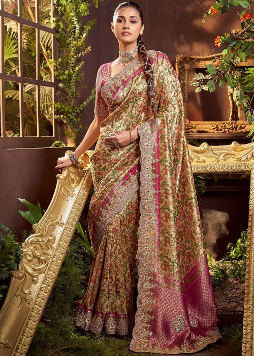 Beige Viscose Saree With Zari Woven Motifs
